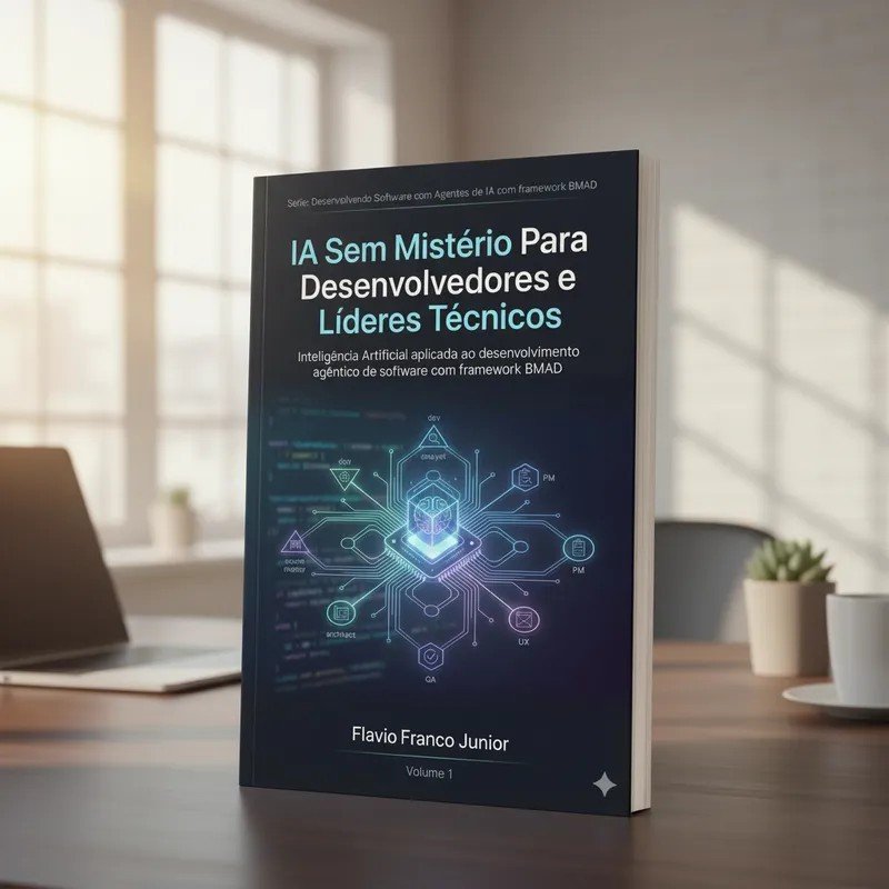 Capa do livro "IA Sem Mistério Para Desenvolvedores e Líderes Técnicos" - Inteligência Artificial aplicada ao desenvolvimento agêntico de software com framework BMAD por Flavio Franco Jr.